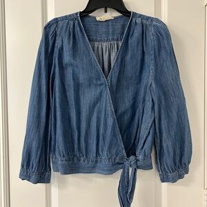 Madewell Blue Puff Sleeve Denim Wrap Blouse